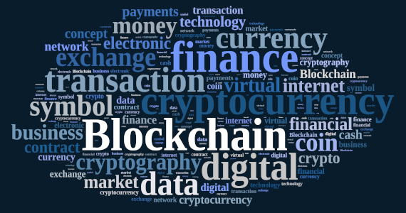 Crytpcurrency, bitcoin and blockchain word cloud